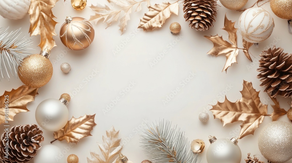 Elegant gold and white Christmas ornaments with pine cones and leaves on white background. Elegant gold and white Christmas ornaments with pine cones and leaves on white background.