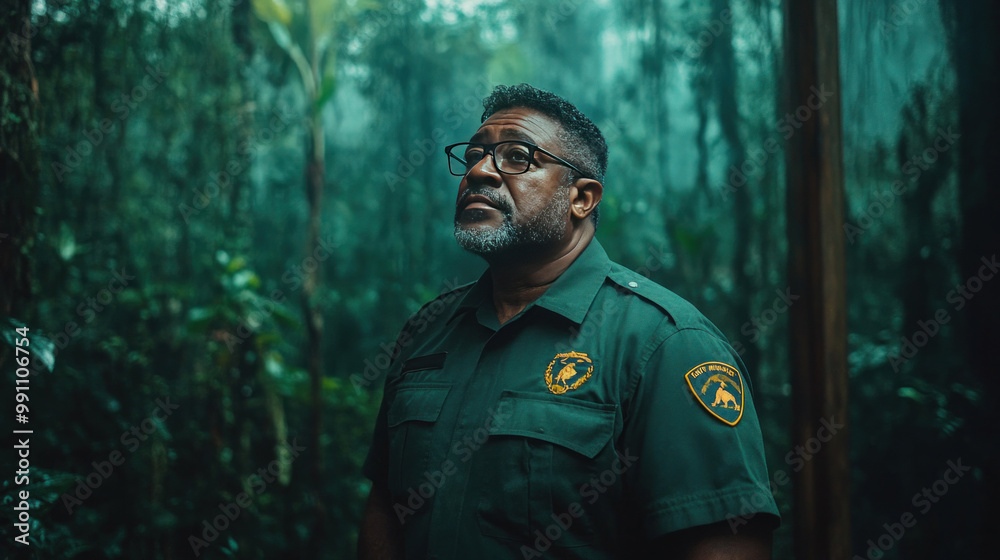 A security guard for animal protection standing watch near a wildlife ...