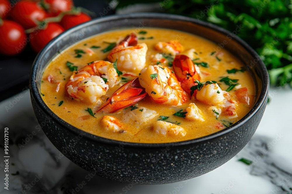 Creamy Shrimp Soup with Parsley and Tomato Garnish Creamy Shrimp Soup with Parsley and Tomato Garnish