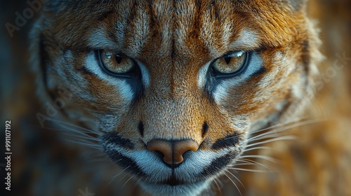 A close-up of a wild puma's head features detailed feather textures and beautiful eyes.