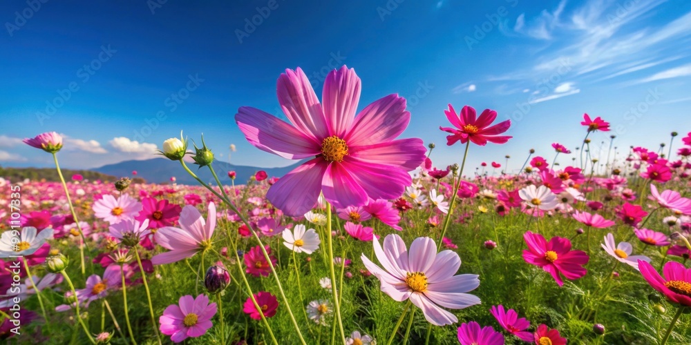 Vibrant cosmos flowers blooming in a vast field under a clear blue sky, cosmos, flowers, field, vibrant, blooming, nature Vibrant cosmos flowers blooming in a vast field under a clear blue sky, cosmos, flowers, field, vibrant, blooming, nature