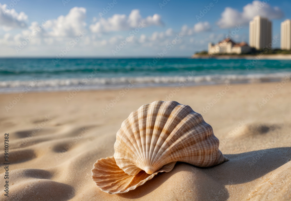 small shell with ocean , beach and seascape, shallow dof small shell with ocean , beach and seascape, shallow dof