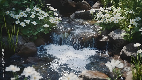 Flowing stream with white flowers and stones in a serene natural setting. photo