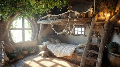 A whimsical, treehouse-inspired bed frame with built-in ladders and climbing nets.