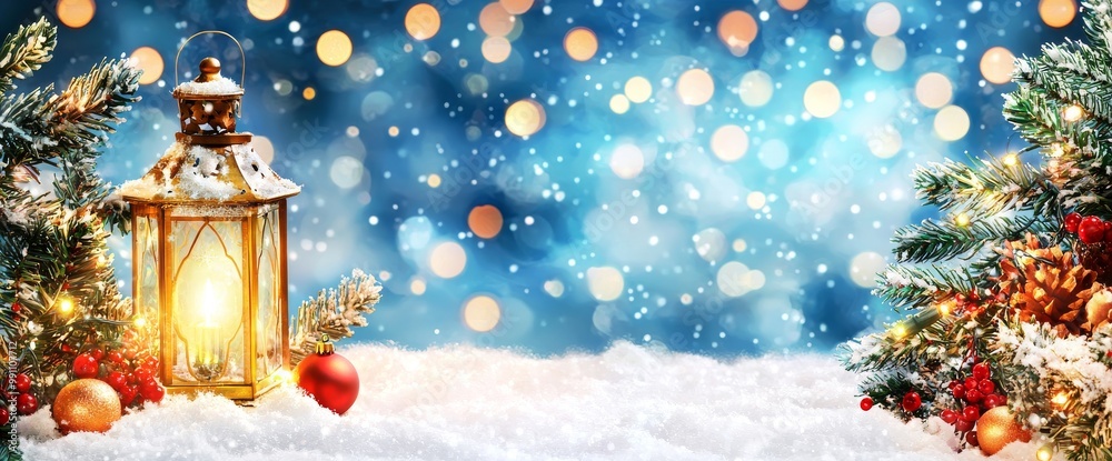 On a snowy table is a Christmas lantern surrounded by fir branches and ornaments On a snowy table is a Christmas lantern surrounded by fir branches and ornaments