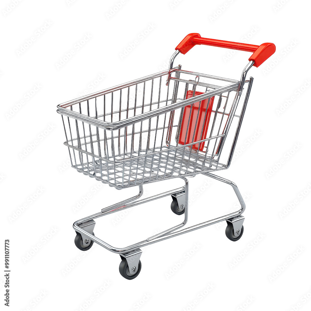 A shiny metal shopping cart with a red handle, used for grocery and retail shopping, showcasing convenience and practicality., isolated on a transparent background.