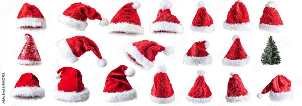 The set of red Christmas Santa Claus hats is isolated on a white background The set of red Christmas Santa Claus hats is isolated on a white background
