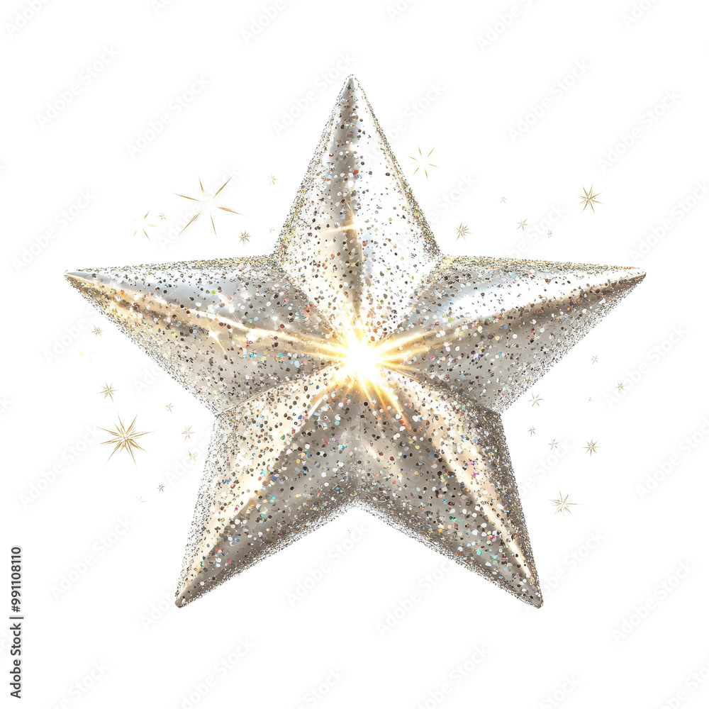 A sparkling silver star design with glitter and bright light, perfect for festive decorations and celebration themes., isolated on a transparent background.