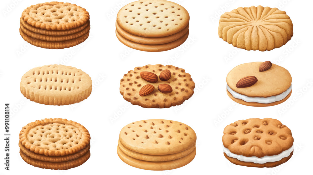 A delicious assortment of baked cookies isolated on a white background, perfect for a sweet snack or dessert A delicious assortment of baked cookies isolated on a white background, perfect for a sweet snack or dessert