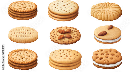 A delicious assortment of baked cookies isolated on a white background, perfect for a sweet snack or dessert