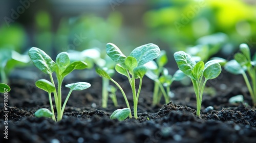 Young green sprouts growing in dark soil.