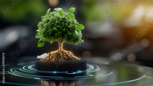 Tree Growing from Circuitry and Cloud Shapes Symbolizing Technological Growth and Sustainability
 photo