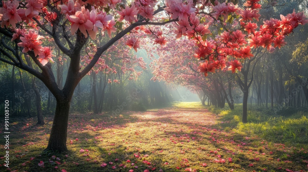 Naklejka premium A tranquil woodland during the 'hoa hoa hoa season,' where the trees are alive with vibrant blooms. 