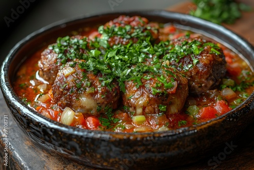 Close-up of a Bowl of Meatballs in Tomato Sauce with Parsley Garnish