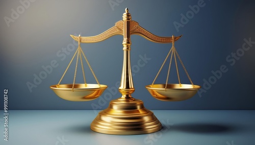 Gold balance scale on blue background, symbolizing justice and equality.