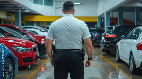 A vigilant security guard patrolling a commercial building parking lot, checking vehicles and maintaining security throughout the area