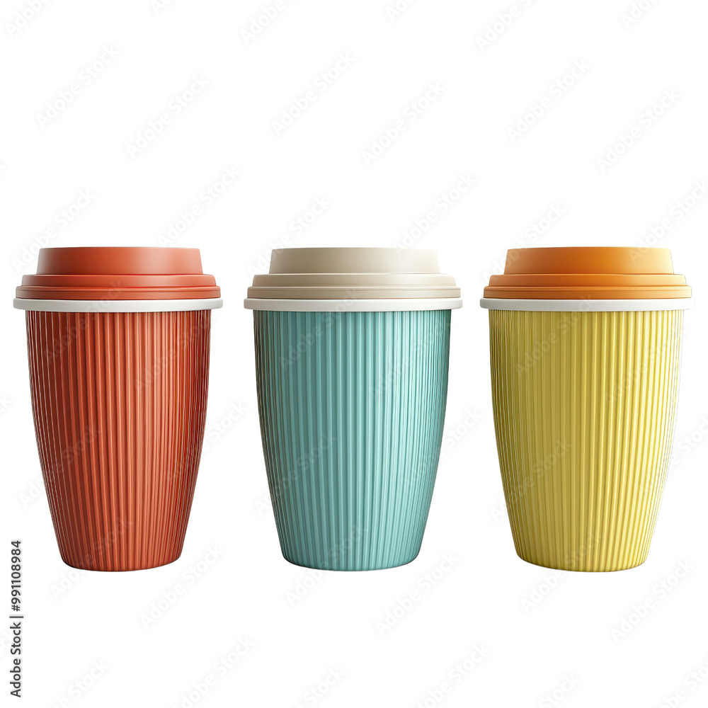 A vibrant collection of colorful reusable coffee cups, perfect for eco-friendly lifestyles and stylish beverage enjoyment., isolated on a transparent background. A vibrant collection of colorful reusable coffee cups, perfect for eco-friendly lifestyles and stylish beverage enjoyment., isolated on a transparent background.