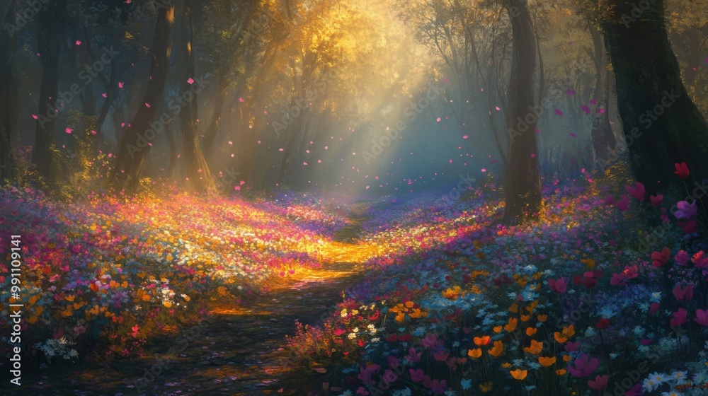 Fototapeta premium In the heart of the enchanted forest during the 'hoa hoa hoa season,' flowers of every shade spin slowly in the breeze, casting colorful reflections on the ground. 