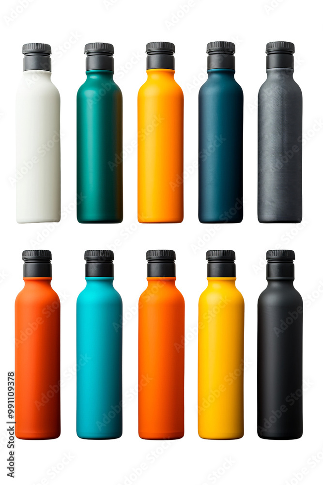 A row of water bottles in various colors A row of water bottles in various colors
