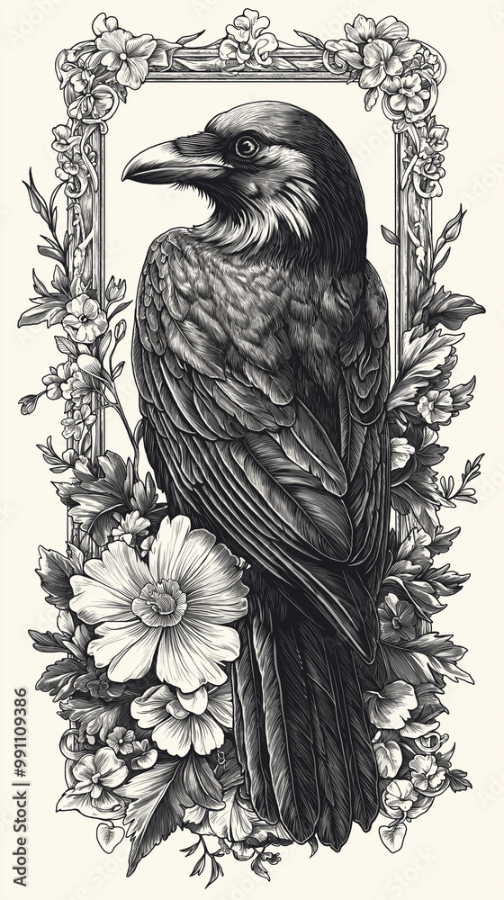 Fototapeta premium Framed crow on a branch vintage engraved illustration, Ai