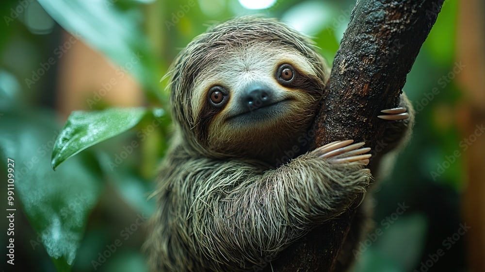 A cute sloth clings to a tree branch in a rainforest setting. A cute sloth clings to a tree branch in a rainforest setting.
