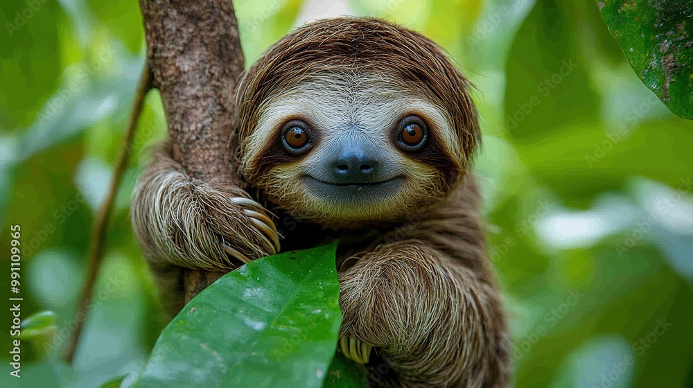 Fototapeta premium A cute sloth clings to a tree branch in a rainforest setting.