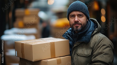 A delivery man holds cardboard boxes, blurred in the background.