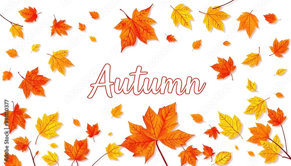 Obraz premium With the arrival of autumn, the fallen leaves begin to disperse. Autumn is written in the middle of the picture. pattern drawing.