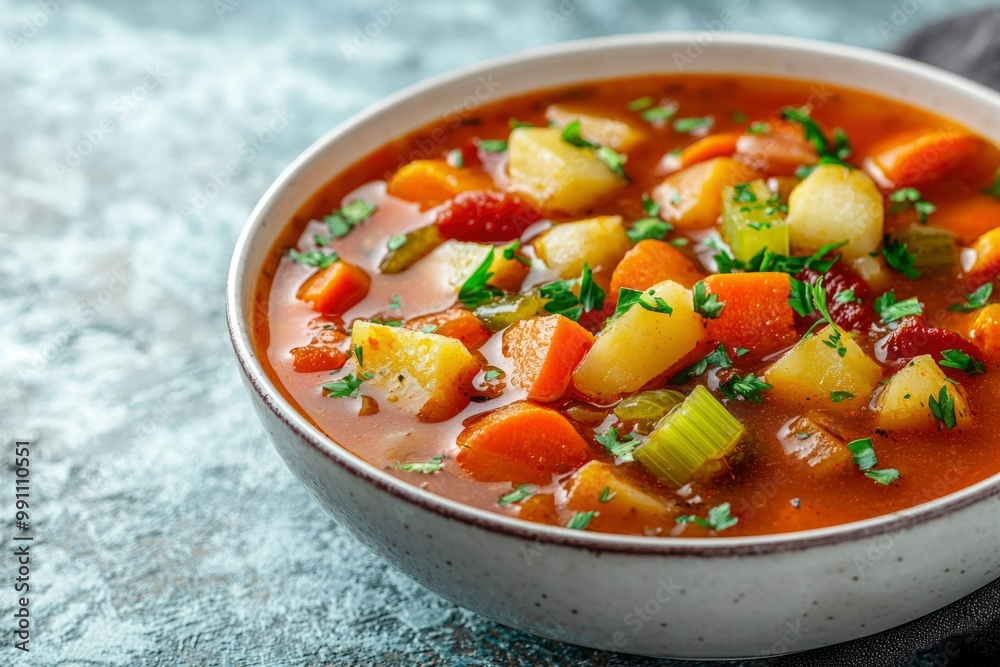 Close-up of a Bowl of Vegetable Soup with Parsley Garnish Close-up of a Bowl of Vegetable Soup with Parsley Garnish