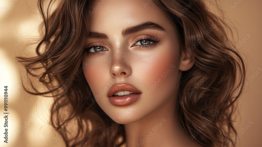 Close-up portrait of a woman with natural makeup and wavy brown hair. Close-up portrait of a woman with natural makeup and wavy brown hair.