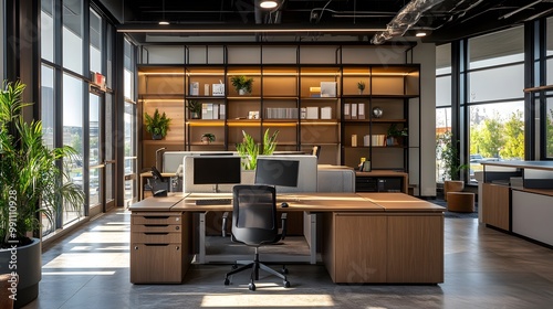 Personalized Workstation: A modern office with customizable workstations where each employee has tailored furniture and decor. Desks can be adjusted, personalized lighting settings, and storage soluti photo