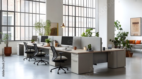 Personalized Workstation  A modern office with customizable workstations where each employee has tailored furniture and decor. Desks can be adjusted  personalized lighting settings  and storage soluti