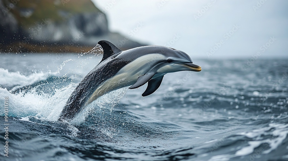 Obraz premium A dusky dolphin leaps from ocean waters, captured in mid-jump.