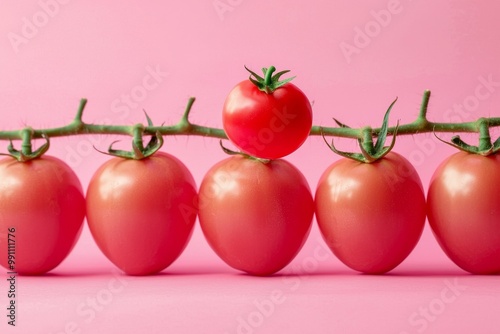 The red tomatoes are floating among pink tomatoes. Shockingly different concept. Artwork in 3D. Red tomatoes are floating among pink tomatoes. Stand out from the crowd, minimal concept. photo