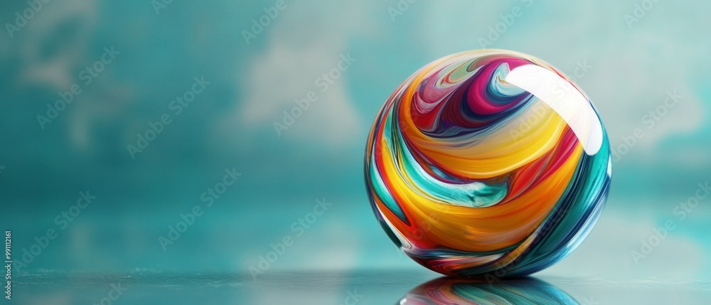Obraz premium A colorful ball with a rainbow swirl pattern sits on a blue surface