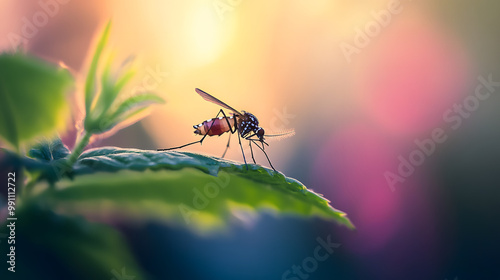 Close-up of mosquito resting on leaf in tropical forest, emphasizing its role in transmitting viruses, shallow depth of field.