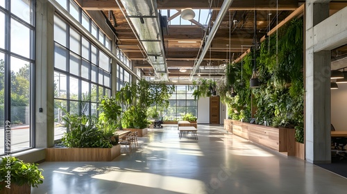 Biophilic Design Office: A bright, open office filled with large windows and lush greenery, incorporating natural materials like wood and stone. Hanging plants, green walls, and skylights flood the sp