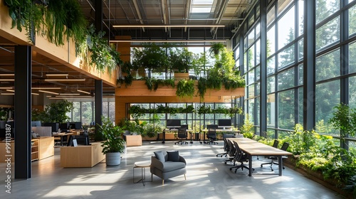 Biophilic Design Office: A bright, open office filled with large windows and lush greenery, incorporating natural materials like wood and stone. Hanging plants, green walls, and skylights flood the sp