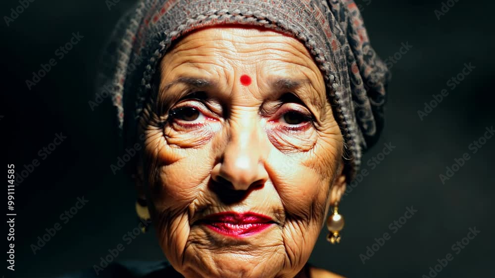 Dramatic close-up video of elderly woman with headscarf, expressing wisdom and compassion. Dramatic close-up video of elderly woman with headscarf, expressing wisdom and compassion.