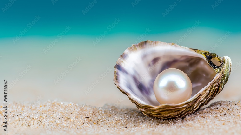 Close-up of an oyster with a beautiful pearl on sand by the beach. Close-up of an oyster with a beautiful pearl on sand by the beach.