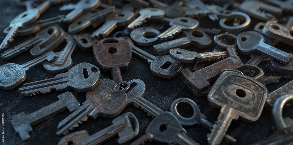 Various keys are scattered around the padlock, depicting privacy and problem solving. 3D rendering. Various keys are scattered around the padlock, depicting privacy and problem solving. 3D rendering.
