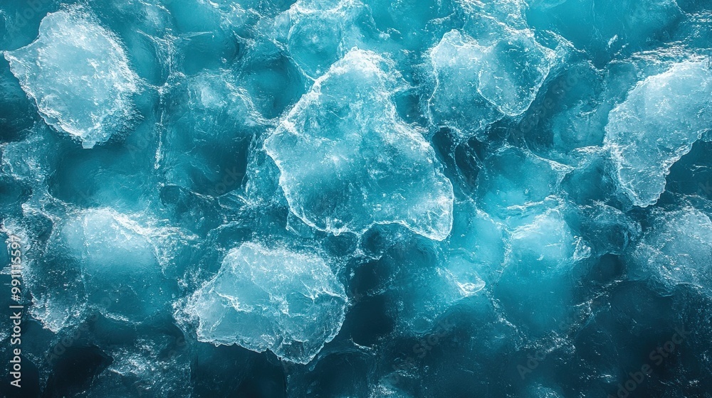 Fototapeta premium A lake's surface reveals beautifully cracked blue ice in a clear photograph.