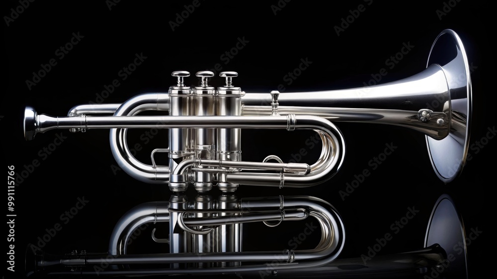 Fototapeta premium A shiny silver plated trumpet on a black background, music, instrument, brass, shiny, silver, trumpet, band, jazz