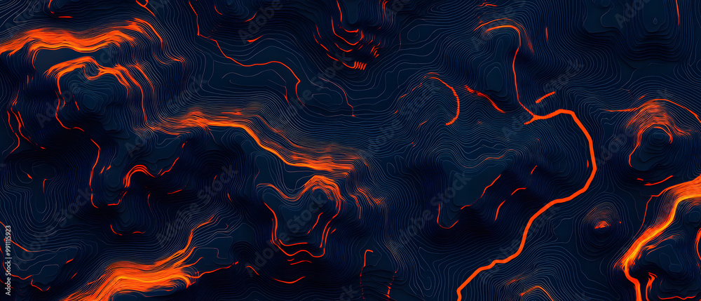 Topographic Elevation Map with Orange Lines on Dark Blue Background Topographic Elevation Map with Orange Lines on Dark Blue Background
