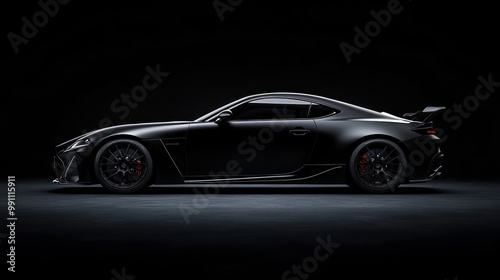 Black sports car with a sleek design, isolated on a black background, ready for speed.