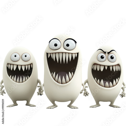 Three playful cartoon monsters with wide grins and sharp teeth, perfect for children's media or Halloween themes., isolated on a transparent background.