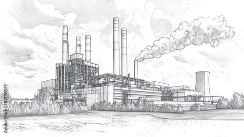Sketch of an industrial power plant with tall smoke stacks and smoke coming from one stack.