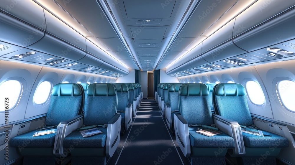 Naklejka premium Empty airplane seats in an aircraft cabin with overhead compartments and windows.