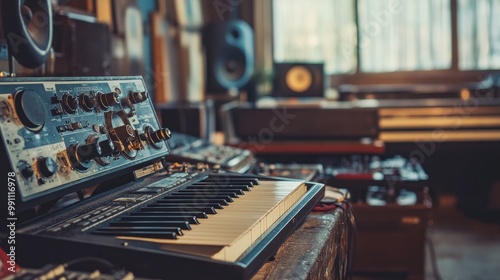 Close-up of a vintage synthesizer with a blurred background of other music equipment.