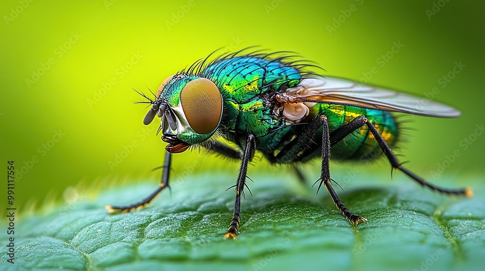 A macro view of a green fly perched on a leaf is shown against a blurred background.